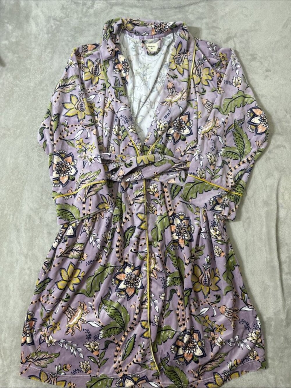World Market floral plush robe lavender green yellow boho tie waist O/S